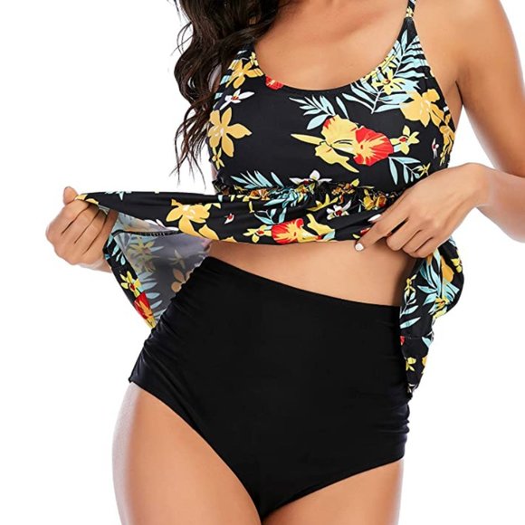 Sz M 2 Piece High Waisted Tummy Control Tankini Swimsuits X002SOAL15 - Picture 3 of 4